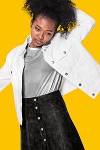 Png transparent tee mockup with white jacket youth fashion shoot