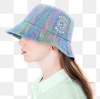 Png girl mockup in colorful holographic bucket hat with logo teen’s apparel shoot