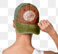 Png man mockup in brownish green cap with Camping typography street apparel shoot