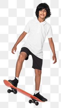 Png skater boy in white polo t-shirt full body youth apparel shoot