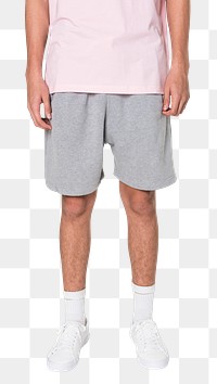 Png boy mockup in basic gray shorts and white sneakers sporty fashion shoot
