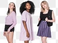 Png teenage girls mockup in purple stylish outfit grunge fashion photoshoot