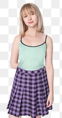 Png blonde girl mockup in green tank top and purple pleated skirt grunge fashion