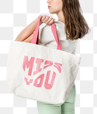 Png beige tote bag mockup with pink MISS YOU typography