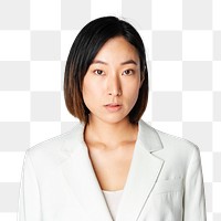 Portrait of young businesswoman png mockup in white suit