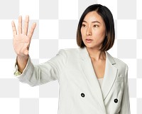 Asian businesswoman png mockup touching virtual screen