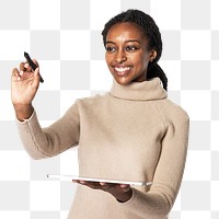 Businesswoman png invisible screen mockup with smart pen
