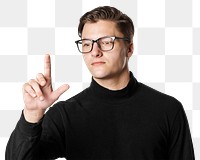 Man placing finger png on invisible screen