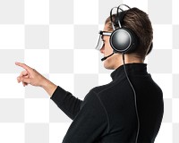 Man wearing headphones png mockup with VR smart glasses futuristic technology