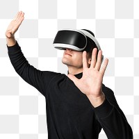Man with VR headset png mockup touching invisible screen futuristic technology