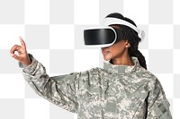 Female soldier wearing VR headset touching invisible screen png mockup