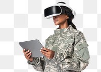 Female soldier using tablet with VR headset png mockup