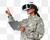 Female soldier using tablet with VR headset png mockup