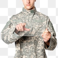 Military touching virtual screen png mockup