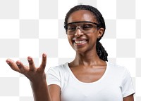 Woman with png presenting hand gesture  smart technology mockup