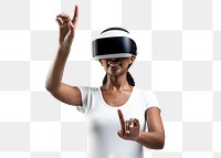 Woman with VR headset png touching invisible screen