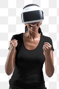 Woman with VR headset png mockup cheering with excitement