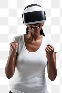 Woman with VR headset png mockup cheering with excitement