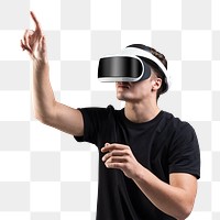 Man with VR headset png pointing out