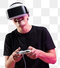 Man playing game with VR headset and controller virtual reality experience