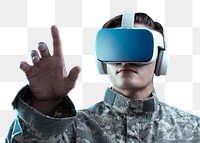 Military officer in VR headset touching virtual screen png mockup