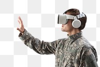 Military officer in VR headset touching virtual screen png mockup