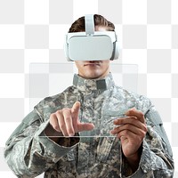 Military officer in VR headset touching transparent screen tablet png mockup