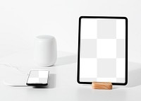 Tablet and phone png screen mockup next to voice assistant smart home technology