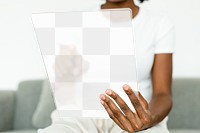 Transparent tablet png screen mockup with woman innovative technology