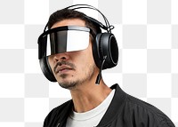 Man png wearing headphones and smart glasses mockup