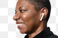 Woman wearing wireless earbuds png mockup