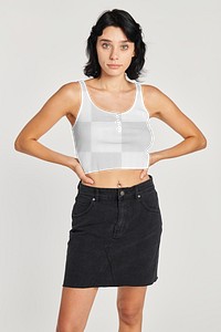 Png women&#39;s white crop tank top and a high-waisted black skirt 