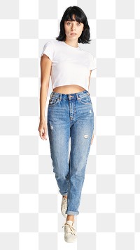 Png women&#39;s white crop top and mom jeans full body shot 