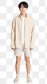 Png man in a beige long sleeves shirt mockup