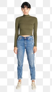 PNG woman in high neck top mockup with high waisted blue jeans