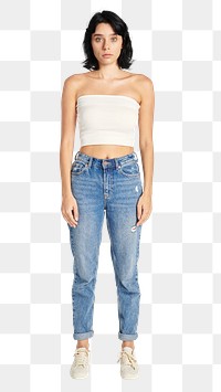 png woman in high-waisted jeans and a white bandeau top mockup