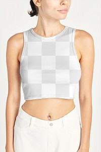 Women&#39;s cropped tank top png mockup on a model