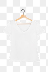 Png women&#39;s white t-shirt mockup on a wooden hanger 