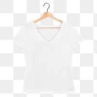 PNG white v neck t-shirt mockup on a wooden hanger