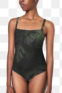 Black woman in leaf printed swimsuit png mockup