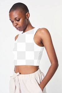 Women&#39;s cropped tank top png mockup on a model