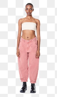PNG black woman in pink jeans and a white bandeau top