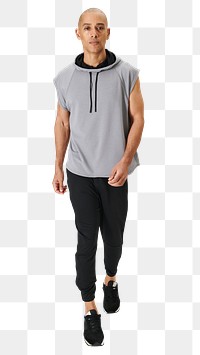 Png man in a gray sleeveless hoodie full body shot 