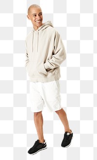 Png man wearing a beige hoodie mockup