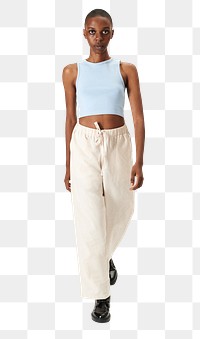 Png woman in blue crop tank top and sweat pants full body shot 
