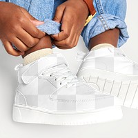 Child png sneakers mockup with jeans studio shot