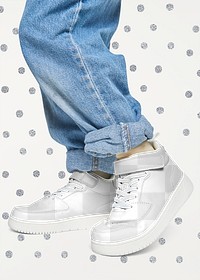 Girl with jeans png sneakers mockup studio shot