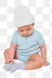 Png child wearing knit hat mockup in studio