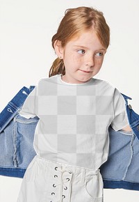 Girl wearing png t-shirt mockup with denim jacket