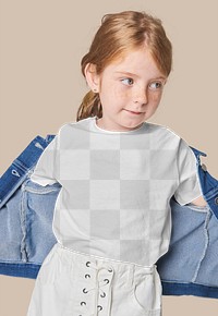 Girl wearing png t-shirt mockup with denim jacket